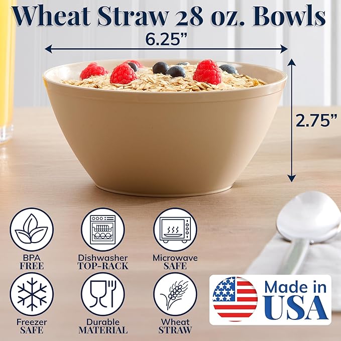 US Acrylic Wheat Straw Unbreakable 28 oz. Stackable Cereal Bowls for Snacks & Ice Cream in Beige Colors (Set of 8) 6-inch Reusable, BPA-Free, Dishwasher Safe Dinnerware, Made in USA