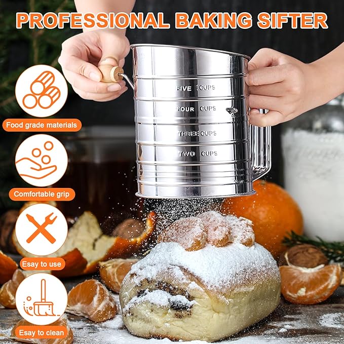 Flour Sifter,5 Cup with Scale Stainless Steel Flour Sifters,4 in 1 Baking Sifter Set with Powder Sugar Shaker Duster,Strainers Fine Mesh and Metal Scoop for Baking Cake,Pastries,Pies,Cupcakes,Desserts