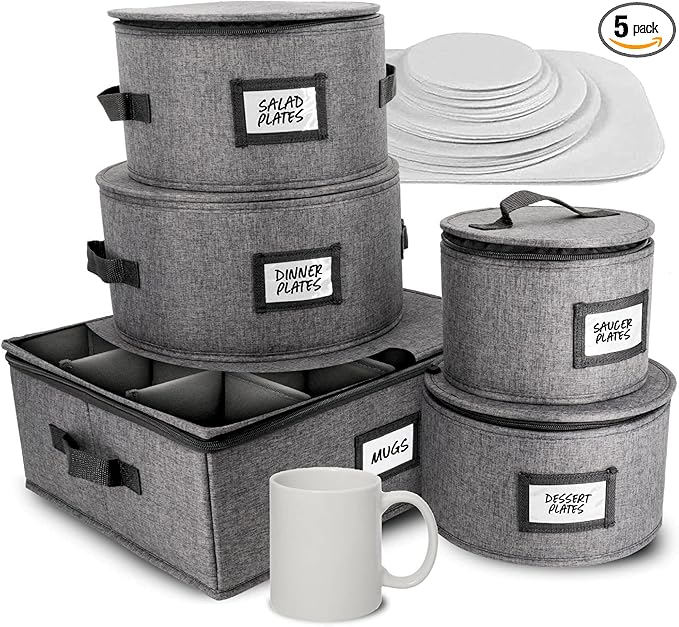 HOMELUX THEORY 5pcs Hard Shell China Storage Containers, Mug Storage Box & Plate Storage Containers, Heavy Duty Dinnerware and Coffee Cup Storage Box with Lid for Packing Dinner Plates and Glassware