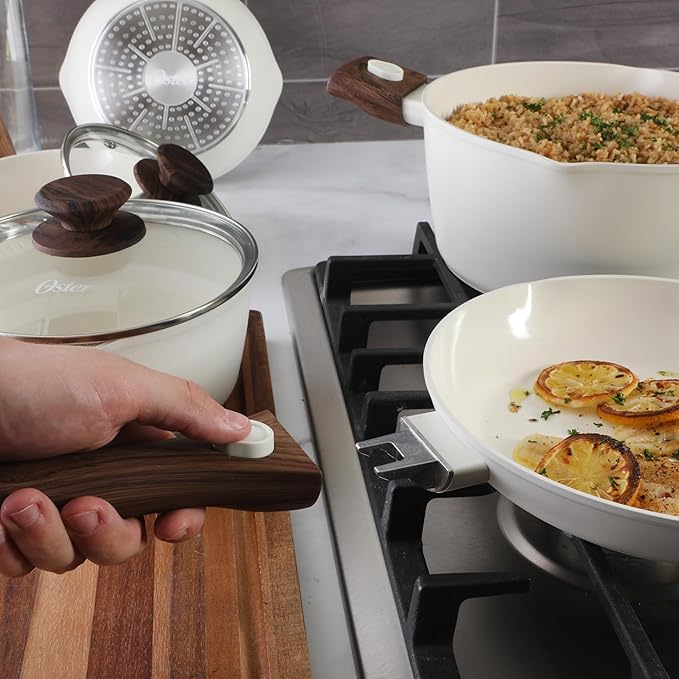 Oster SmartHandle Advance 18-Piece Ceramic Nonstick Cookware Set – Matte Linen Finish, Induction, Detachable Handles, Oven & Dishwasher Safe Pots Pans, w/Utensils & Pan Protectors