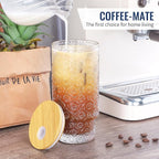 16 Oz Glass Cups Set of 2, Vintage Embossed Floral Glass Tumbler, Iced Coffee Cups with Lid, for Whiskey Cocktail Beer (2 PACK)