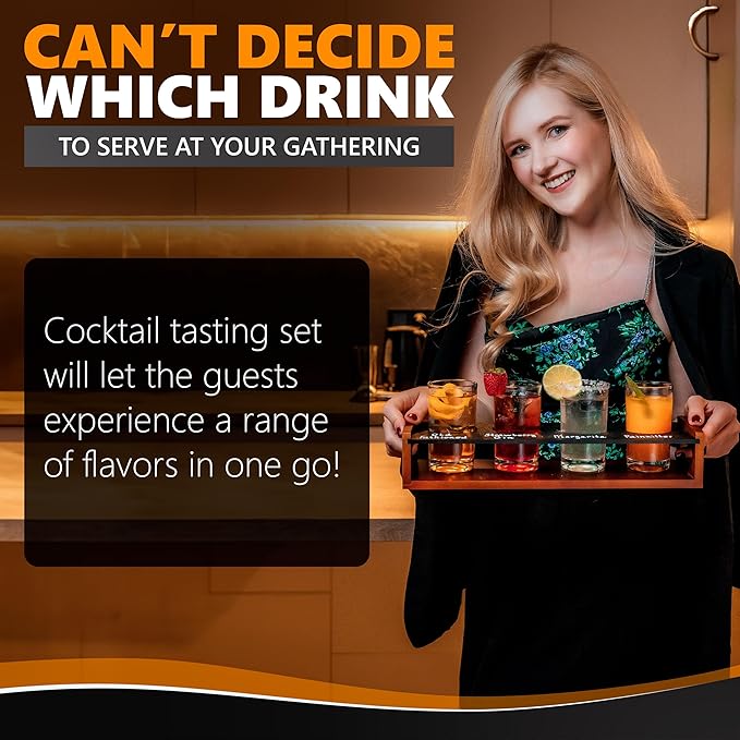 Flight Board with Glasses – Drink Flight Set for Bartesian Capsules – Mimosa and Cocktail Tasting Tray - Bartender Accessories and Hosting Essentials
