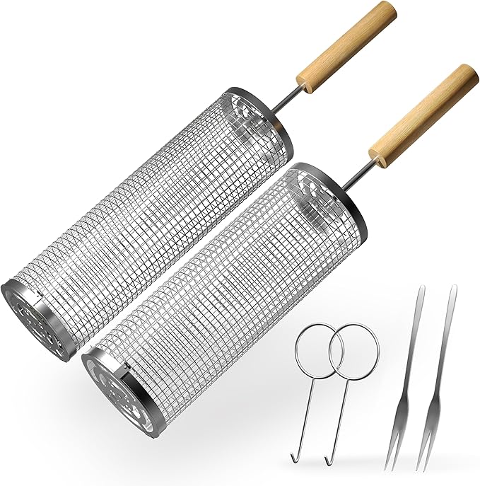 Sorbus Grill Basket - Stainless Steel Large Folding Barbecue Grilling Basket with Handle, Portable BBQ Accessories for Fish, Shrimp, Vegetables, Grilling Accessories, Gifts for Outdoor Cooking Camping (Round 2 Pack)