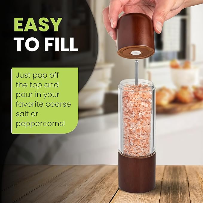 Salt and Pepper Grinder Set - Acrylic Salt and Pepper Grinders - Refillable Wooden Salt and Pepper Mill 8 inch Set of 2