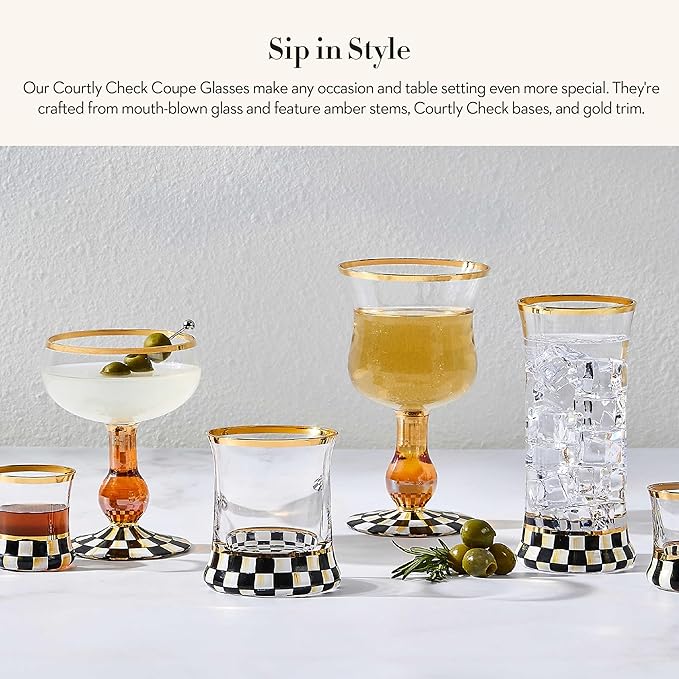MACKENZIE-CHILDS Coupe Glass, Decorative Stemmed Cocktail Glass, 11 Ounces, Black-and-White Courtly Check