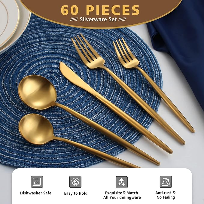 Matte Gold Silverware Set, Oliviola 60-Piece Stainless Steel Flatware Cutlery Set Service for 12, Satin Finish Kitchen Utensil Set, Dishwasher Safe
