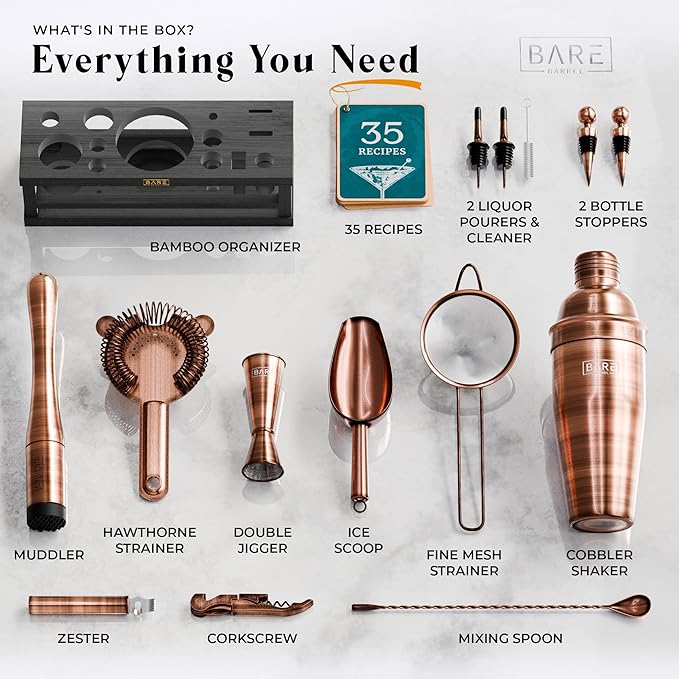 BARE BARREL® Mixology Bartender Kit Bar Set | 16-Piece Cocktail Shaker Set | Martini Barware Mixing Tools for Home Bartending | Incl. 35 Recipe Cards | Gift Set (24oz Cobbler Shaker, Copper/Black)