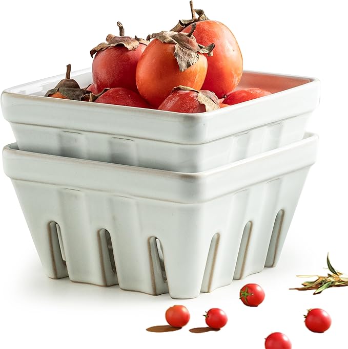 Gomakren Fruit Bowl with Holes, Ceramic Berry Basket Set of 2, 5.7 Inch Square Fruit Basket for Kitchen, Berry Containers Colander - Farmhouse Kitchen Decor, White