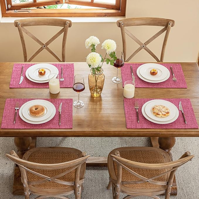 Blue Forest Placemats Set of 6, Dual-Layered Thickened Faux Linen Cloth Place Mats Heat Resistant Machine Washable Wrinkle Free Table Mats Indoor/Outdoor (Hot Pink)