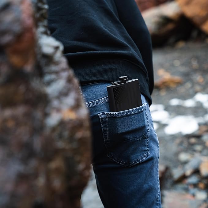 American Flag Liquor Flask - Perfect Holiday Gift for Men, Women, Fathers, or Hard to Shop for People - 304 Stainless Steel Hip Flask (Matte Black, Bonus Funnel, 8 Ounces)