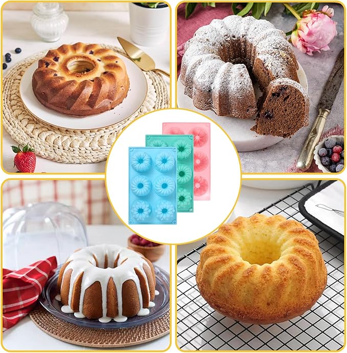 3PCS Mini Bundt Cake Pans for Baking, Non-stick 6 Cavity Silicone Bundt Cake Pan Molds, Multipurpose Molds for Cupcakes Brownies Jellies with Even Heat Transfer Feature for Home Baking(3 Styles)