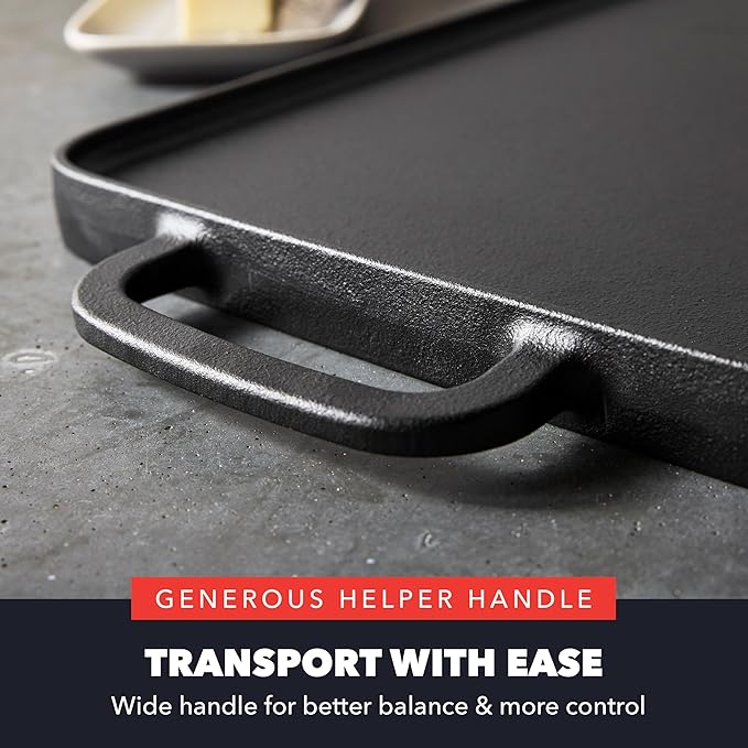 GreenPan x Bobby Flay Cast Iron Pre-Seasoned 16.5 x 9.5” Reversible Double Burner Griddle, Rectangular Grill, Helper Handles, Induction, Versatile Stovetop Oven BBQ & Fire, Indoor & Outdoor Use, Black