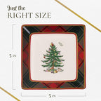 Spode Christmas Tree Tartan Square Tidbit Plates (Set of 4) - 5" Holiday Appetizer Platter for Christmas Entertaining - Traditional Tartan Plaid with Iconic Tree Motif - Microwave and Dishwasher Safe