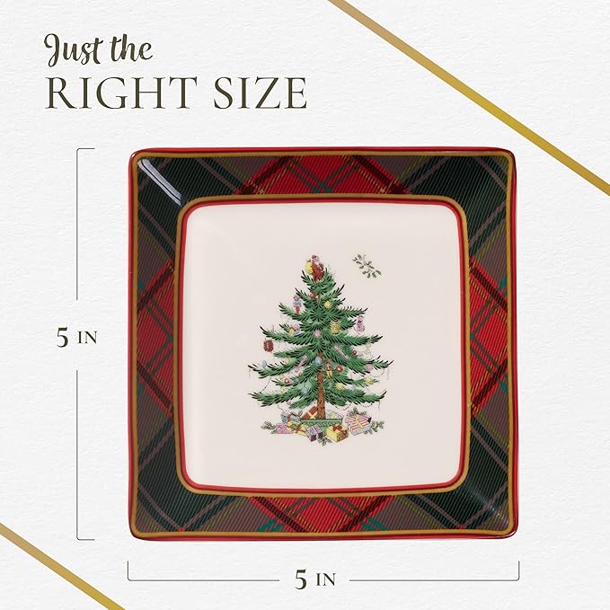Spode Christmas Tree Tartan Square Tidbit Plates (Set of 4) - 5" Holiday Appetizer Platter for Christmas Entertaining - Traditional Tartan Plaid with Iconic Tree Motif - Microwave and Dishwasher Safe