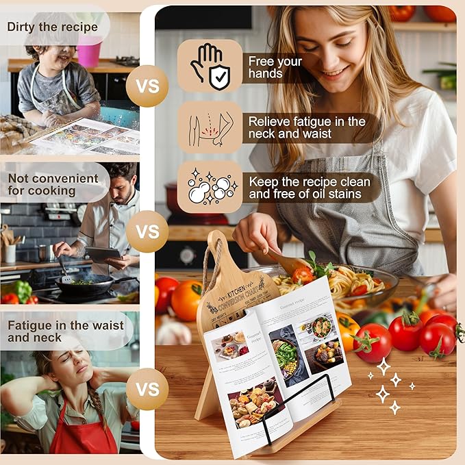Cookbook Stand for Kitchen Counter Bamboo Recipe Book Holder with Conversion Chart Adjustable Non Slip Cookbook Holder Kitchen Gifts for Women Gifts for Housewarming Christmas Retirement Wedding