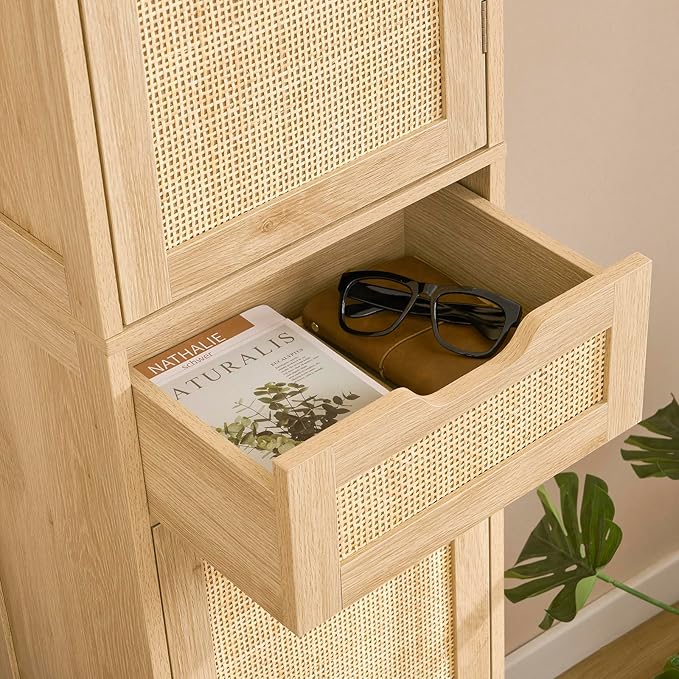 Iwell Tall Narrow Storage Cabinet with Doors, Rattan Cabinet with Adjustable Shelves, Freestanding Linen Storage for Living Room, Entryway, Kitchen, Bathroom, Natural