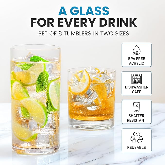 Zulay Kitchen Acrylic Plastic Glasses Drinkware - 8 Piece Unbreakable Drinking Glasses - BPA-Free, Reusable Plastic Tumblers for Home & Outdoors - Stackable, Lead-Free & Dishwasher Safe - (12&16oz)