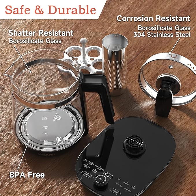 Glass Electric Kettle With Tea Infuser and Temperature Control - 1.5L Stainless Steel Tea Maker, 1200W Rapid Boiling, Programmable Control for Teas and Coffee - Black