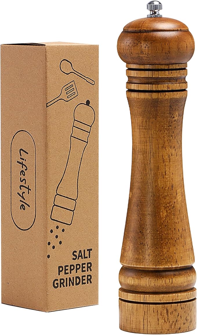 Wood Salt and Pepper Grinder, Salt Grinder and Pepper Mill, Oak Wood Shakers with Adjustable Ceramic Grinders - 10 inches, 1 Pack