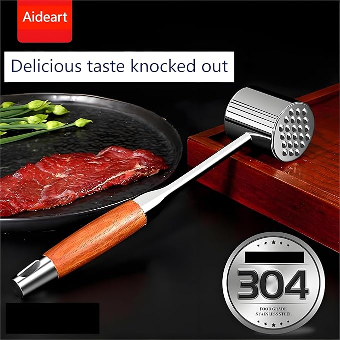 Meat Tenderizer Tool 304SS for Kitchen,Meat Mallet Meat Hammer Meat Beater for Tenderizing and Flattening Meat,Meat Pounder Tenderizer for Pounding Meats, Hanging Loop,Basic Handle (Rosewood)