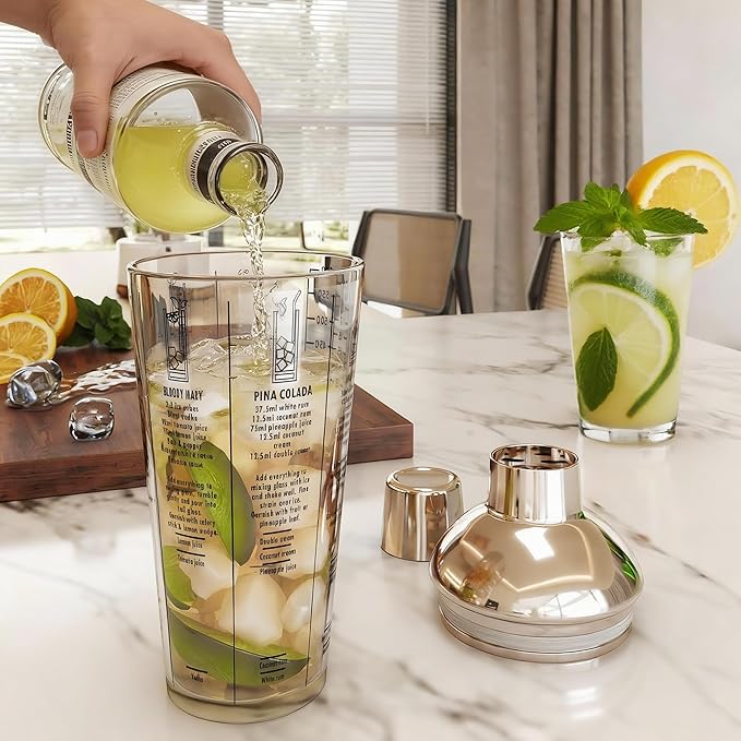 Glass Cocktail Shaker, with Recipes and Measurements 20oz, Built-in Strainer and Leakproof Seal, Clear Bar Tool for Margaritas, Martinis