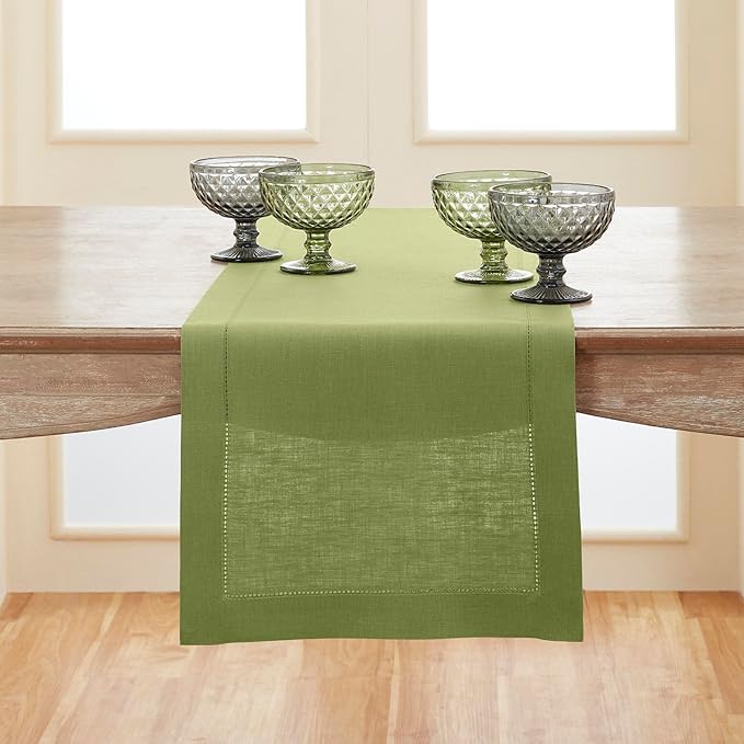 Solino Home Linen Moss Green Table Runner 132 Inches Long - 100% Pure Linen Extra Long Table Runner 14 x 132 Inch for Summer, Fall, Autumn - Classic Hemstitch