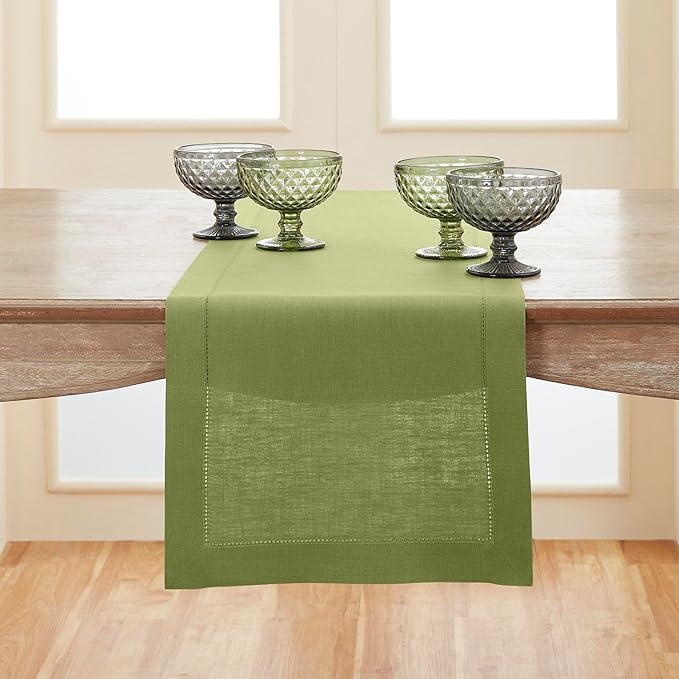 Solino Home Linen Moss Green Hemstitch Table Runner 60 Inches - 100% Pure Linen Small Table Runner 14 x 60 Inch Ideal for Dresser and Coffee Tables - Classic Hemstitch - Fall, Autumn, Halloween