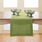 Solino Home Linen Moss Green Hemstitch Table Runner 60 Inches - 100% Pure Linen Small Table Runner 14 x 60 Inch Ideal for Dresser and Coffee Tables - Classic Hemstitch - Fall, Autumn, Halloween