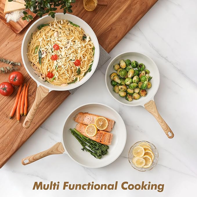 SENSARTE Nonstick Frying Pan Skillets, White Ceramic Coating Omelette Pans, Healthy Cookware Chef's Pan, Free of PTFE & PFAS (9.5+11+12.5 Inch)