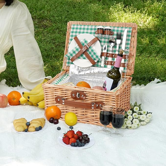 ZORMY Wicker Picnic Basket for 2 Person, Willow Hamper Basket Sets with Insulated Compartment, Handmade 2 Person Picnic Basket for Camping - GreenCheck