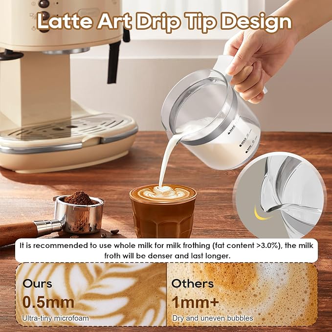 Milk Frother and Steamer, 16.9 OZ Milk Frother for Coffee, 4 in 1 Frother Separable Easy to Use and Clean, Durable Safe Silent Working for Coffee, Latte, Cappuccino Hot Chocolate, White Glass
