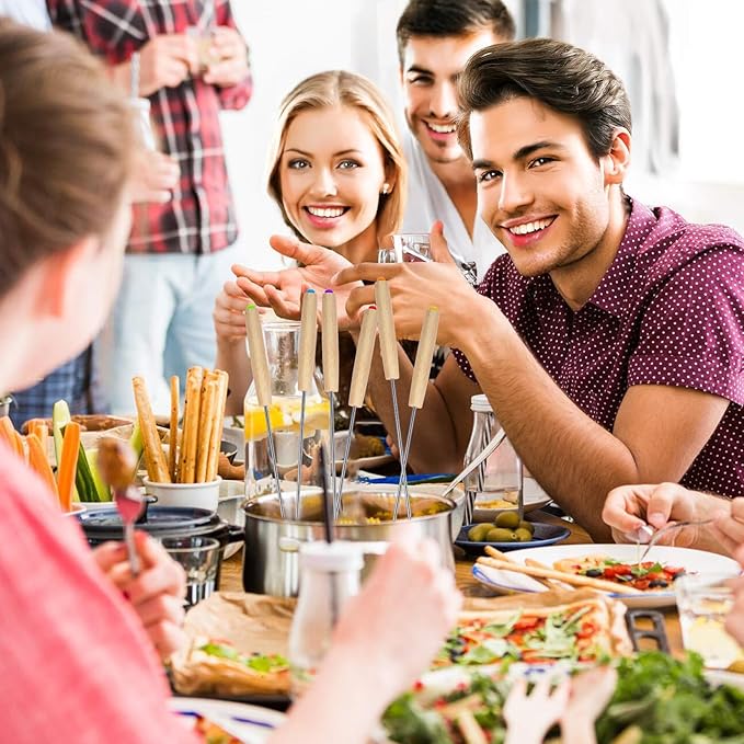 6 PCS 9.5'' Stainless Steel Fondue Forks with Wooden Handle, Color Coding Heat Resistant Fondue Sticks, Cheese Chocolate Fountain Forks for Roast Marshmallows, Grill Meat, Fruits, Dessert & Barbecue