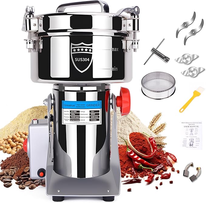 2000g Electric Grain Mill Grinder, 304 Stainless Steel Flour Mill, 3600W High Speed Spice Grinder, Electric Grain Mill for Dry Wheat, Oats, Corn, Pepper and Coffee Beans