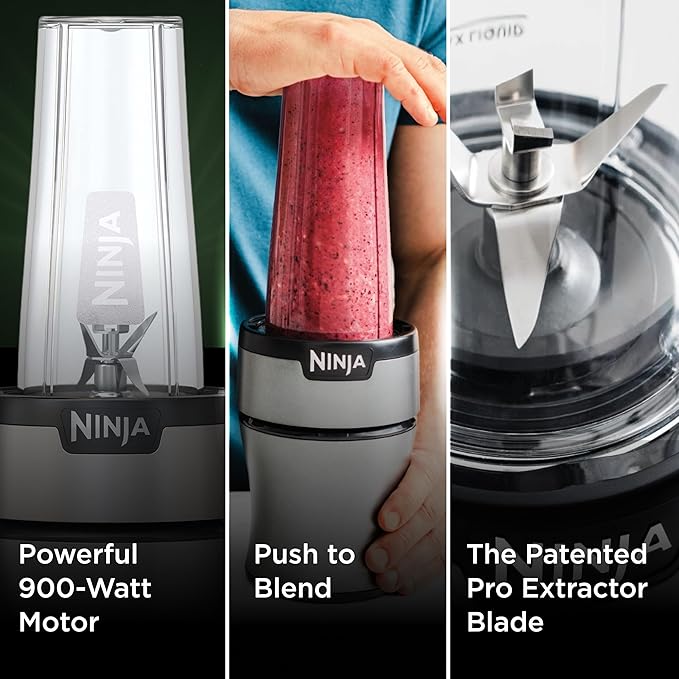 Ninja BN301 Nutri-Blender Plus Compact Personal Blender, 900-Peak-Watt Motor, Frozen Drinks, Smoothies, Sauces & More, (3) 20 oz. To-Go Cups, (2) Spout-Lids (1) Storage-Lid, Dishwasher Safe, Silver