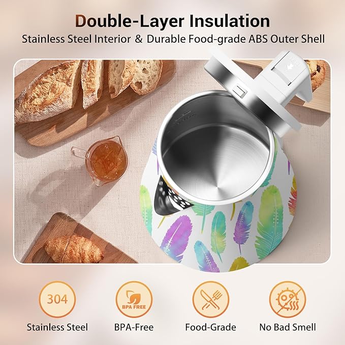 1.2L Double Wall Stainless Steel Interior Water Boiler, Cordless, 1000W Fast Boil with LED Light Coffee Pot & Tea Electric Kettle, Auto Shut-Off and Boil-Dry Protection (Gradient Feathers)