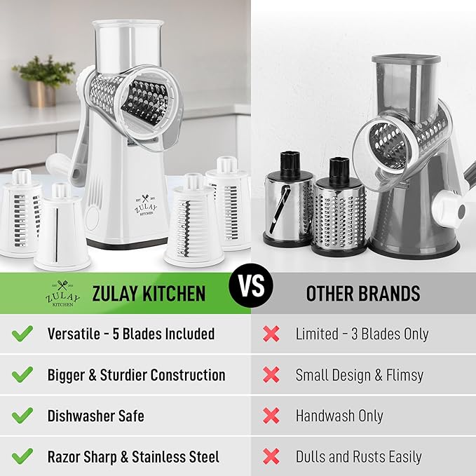 Zulay Kitchen Rotary Cheese Grater 5 Blade Cheese Shredder - Manual Hand Crank Cheese Grater With Reinforced Suction & 5 Interchangeable Drums - Easy to Use, Vegetable Chopper Round Mandoline Slicer