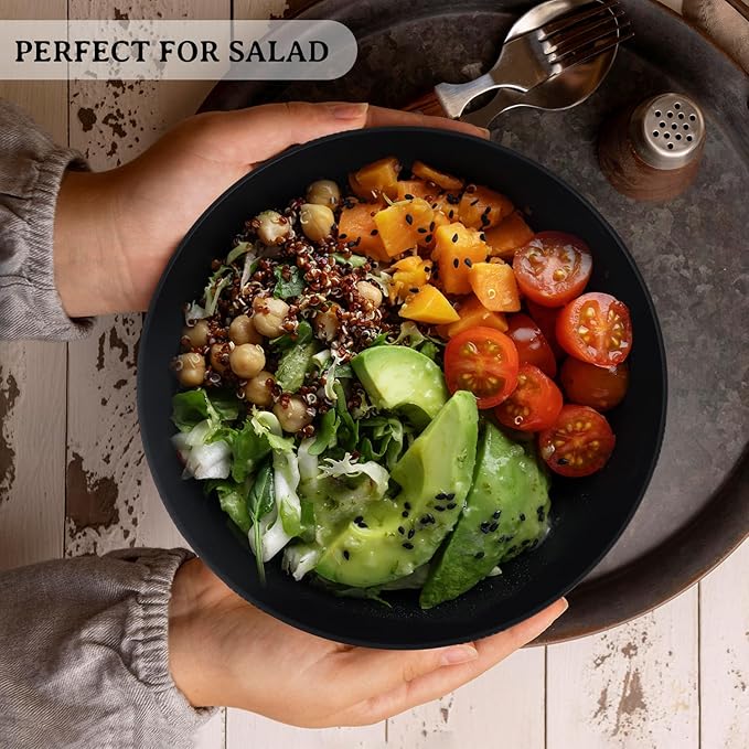 10inch Wheat Straw Big Bowls Set of 6 - Large Salad Bowls 65oz set of 6 - Unbreakable Serving Bowls Microwave & Dishwasher Safe for restaurant - Big Plastic Bowls for Cereal,Salad - Black Series