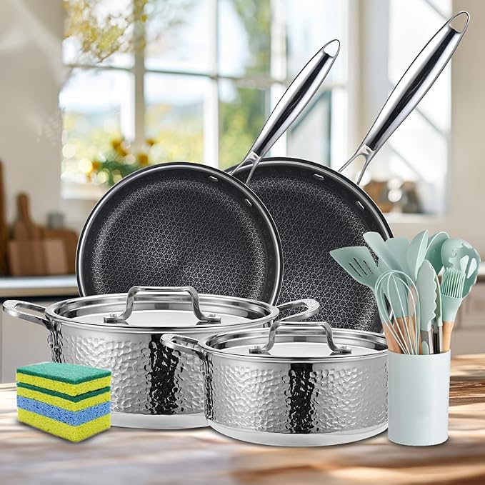 Vivicreate 20 Piece Stainless Steel Kitchen Cooking Pot Pots and Pan Pans Cookware Set Pots and Pans Hammered Design Induction Compatible Ollas de Acero Inoxidable