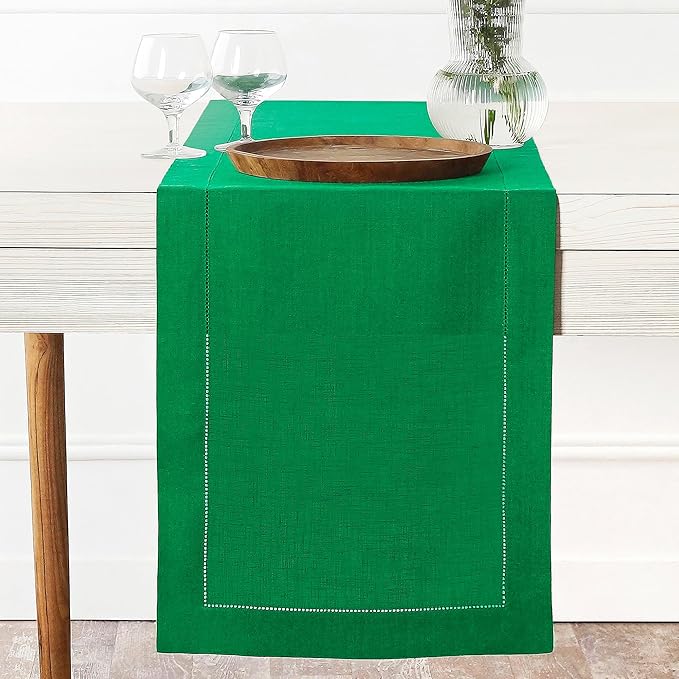 D'Moksha Homes Linen Kelly Green Table Runner 108 Inches Long - 100% Pure Linen 14 x 108 Inch Table Runner for Summer, Fall and Halloween - Classic Hemstitch