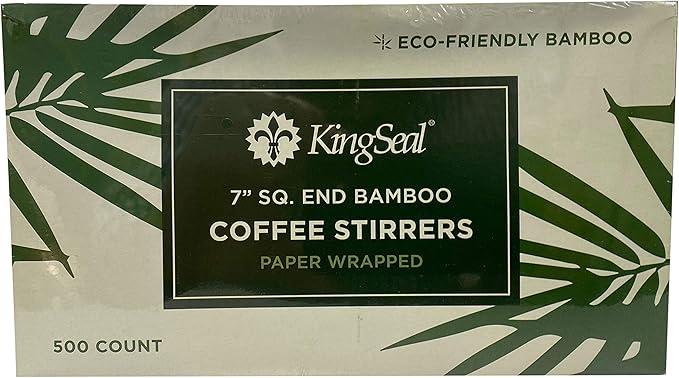 500 Count | KingSeal Individually Paper Wrapped Bamboo Coffee Stir Sticks, 7 inches, Square End, 100% Renewable and Biodegradable - 1 Box of 500 Stirrers