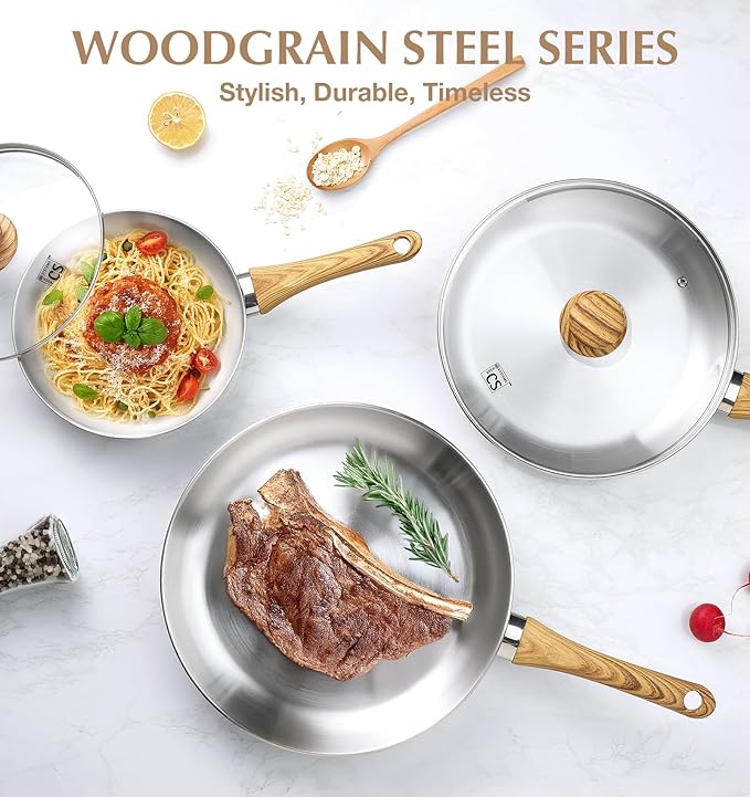 KOCH SYSTEME CS Stainless Steel Pan 10 Inch, Induction Tri-Ply Bottom Stainless Steel Frying Pan with Heat-resistant Bakelite Handle, 10 Inch Stainless Skillet with Lid for Cooking, Dishwasher Safe