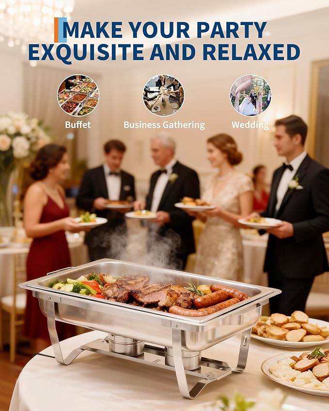 Garvee Chafing Dish Buffet Set 4 Pack, 8QT Buffet Servers and Warmers Set with Lid & Foldable Frame, Rectangular Stainless Steel Chafer Food Warmer for Parties Wedding Catering Supplies, Silver