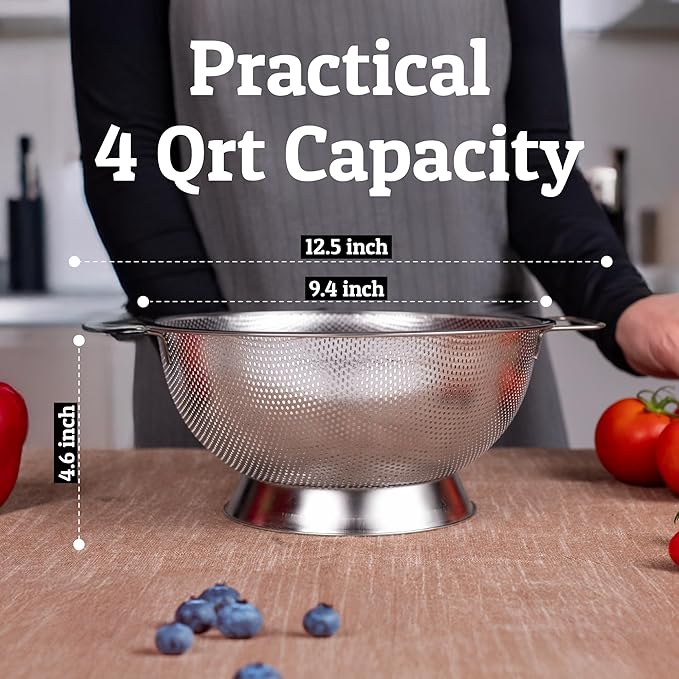 PriorityChef Premium 4 Qrt Stainless Steel Colander for Kitchen, Durable Rice and Pasta Strainer with Handle, Rust-Resistant & Dishwasher Safe