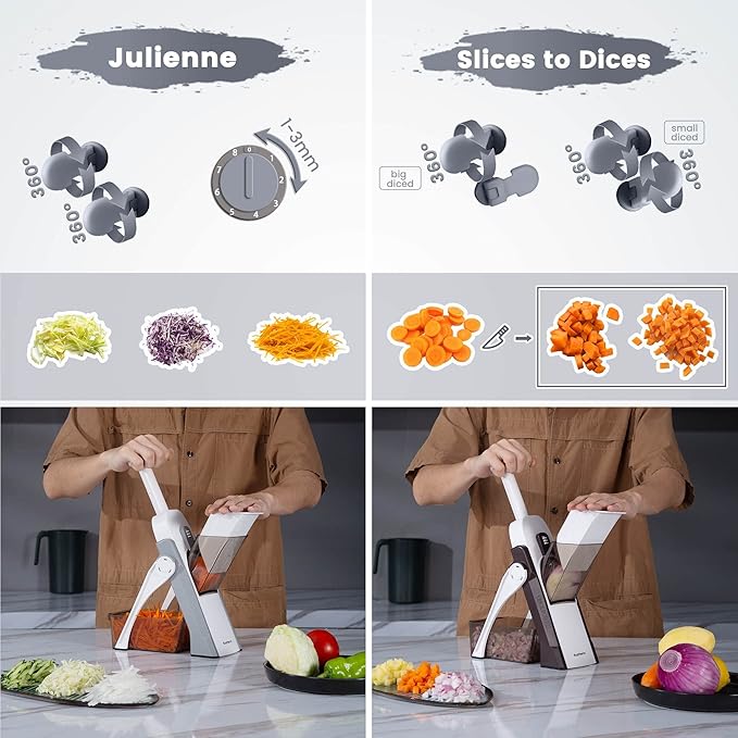 SupMaKin Safe Mandoline Slicer, Potato Chip Slicer Maual Vegetable Food Cutter Adjustable Thickness, Chopping Artifact Veggie Salad Chopper & Cook Meal Prep (Gray)