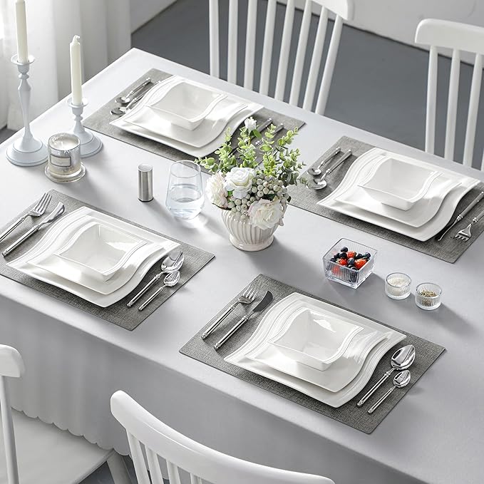 MALACASA Ivory White Dinnerware Set, 12 Pieces - Porcelain Dinner Plates, Dessert Plates and Bowls, Square Flora Pattern
