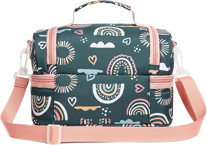 Insulated Kids Dual Compartment Lunch Bags Tote Pack for Girls Boys Toddler Kindergarten School Picnic Cooler Thermal Lunch Boxes with Strap (Green Rainbow)