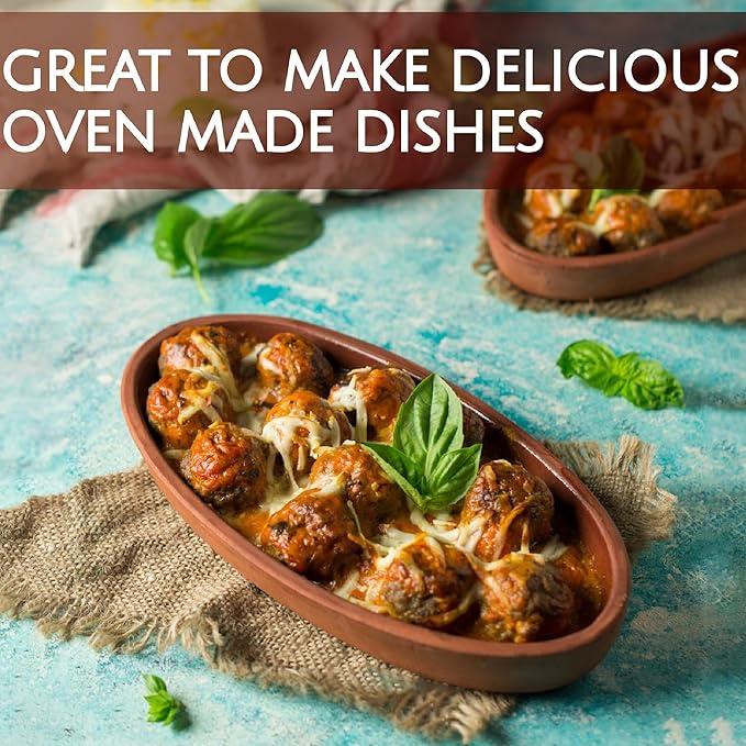 Hakan Bergama Handmade Oval Clay Pan Set of 2 | Terracotta Pans Glazed Inside | Casserole Dishes for Oven Baking | Traditional Earthenware Clay in Box, Large, 4.8 x 10.25 x 1.5-inch 13.5 Oz (400 cc)