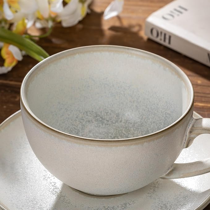 Porcelain Coffee Cup with Saucer, 10 oz Vintage Design Ceramic Latte Art Cappuccino Barista Espresso Tea Cup with Saucer(White Shell)