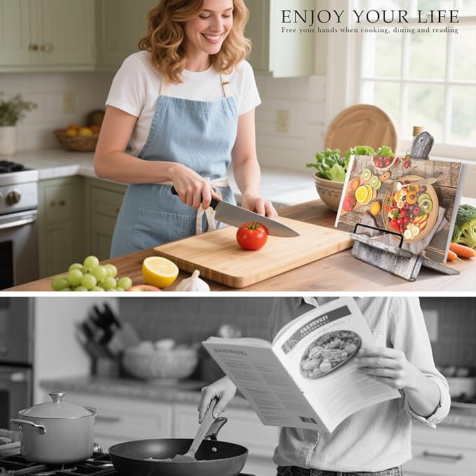 Cookbook Stand Wooden Recipe Book Holder: Recipe Book Stand for Kitchen Counter - Adjustable Cookbook Holder - Rustic Wood Cutting Board Style - Gift - Gray