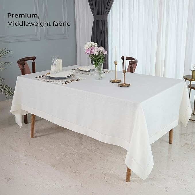 D'Moksha Homes Ivory Linen Tablecloth for Rectangle Tables 60 x 140 Inch - Classic Hemstitch 100% Pure Linen Ivory Tablecloth - Machine Washable Cloth Table Cloth for Summer, Fall and Halloween